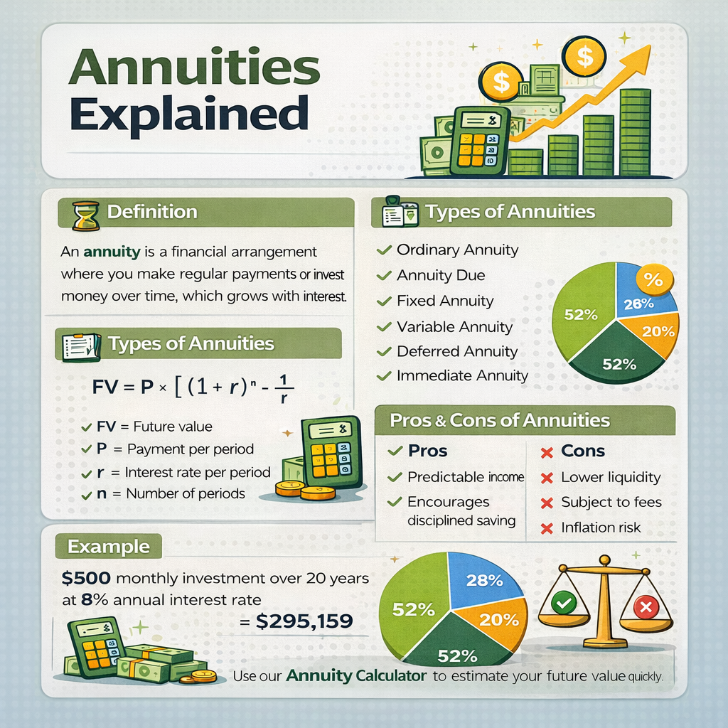 Annuity explained infographic illustrating types of annuities, how annuities work, factors affecting annuity growth, and example investment calculations.