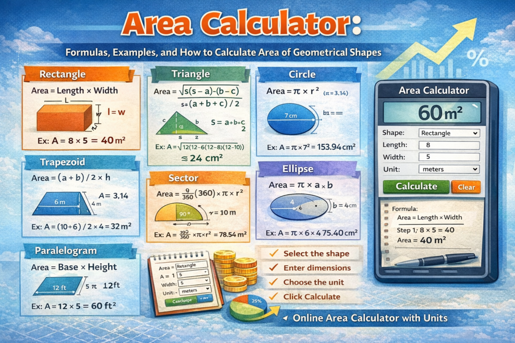Area calculator infographic showing area formulas, step-by-step examples, and calculations for rectangle, triangle, circle, trapezoid, sector, ellipse, and parallelogram with an online area calculator interface and unit selection.