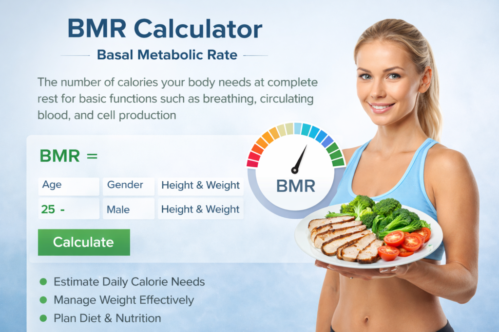 BMR calculator infographic showing basal metabolic rate concept with daily calorie needs, fitness nutrition planning, and a healthy meal illustration for metabolism and weight management.