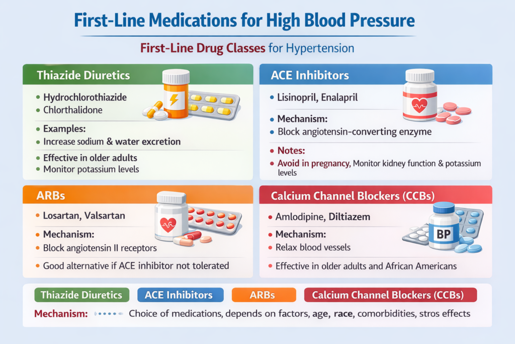 Infographic showing first-line medications for high blood pressure. Four drug classes are highlighted: Thiazide Diuretics (Hydrochlorothiazide, Chlorthalidone), ACE Inhibitors (Lisinopril, Enalapril), ARBs (Losartan, Valsartan), and Calcium Channel Blockers (Amlodipine, Diltiazem). Each section lists examples, mechanisms, key notes, and target populations, with colorful icons and a clear layout for patient education. image for Blood pressure calculator