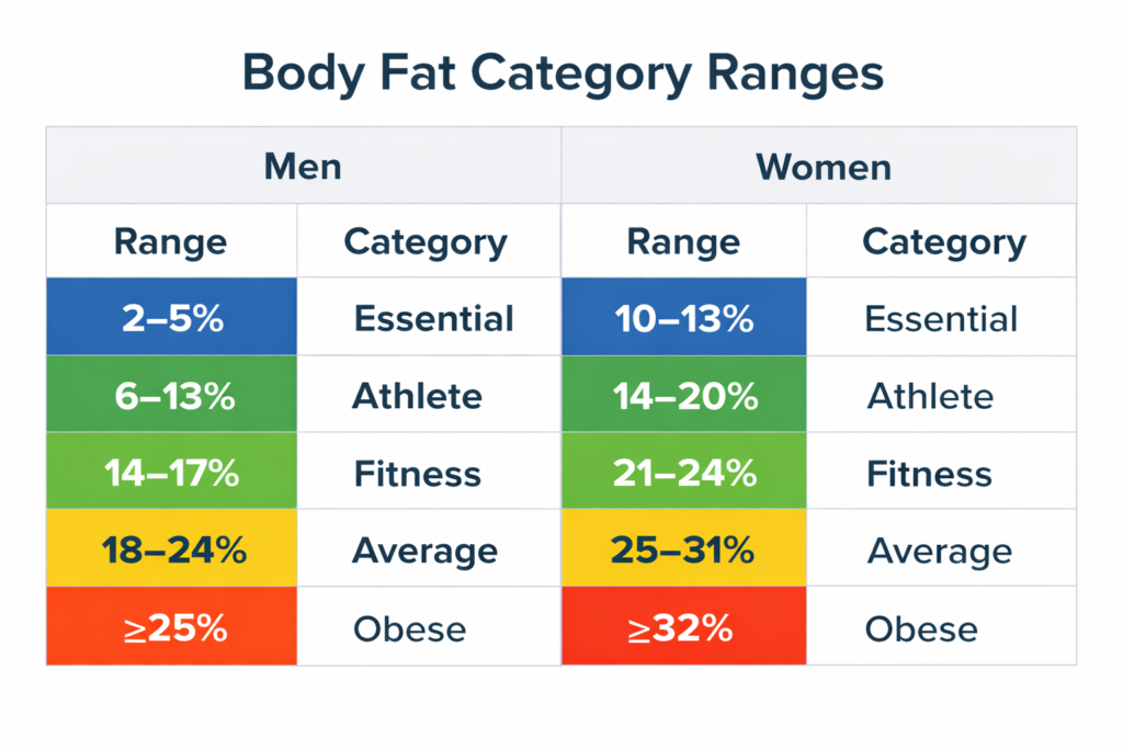 Body fat percentage category chart showing essential fat, athlete, fitness, average, and obese ranges for men and women with clearly marked percentage levels.