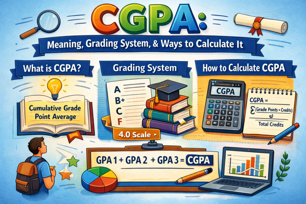 Infographic explaining CGPA (Cumulative Grade Point Average) with sections on its meaning, grading system on a 4.0 scale, and calculation methods. Includes visuals of a student with a backpack, books, a graduation cap, a calculator, charts, and formulas for computing CGPA, presented in a colorful and educational style.