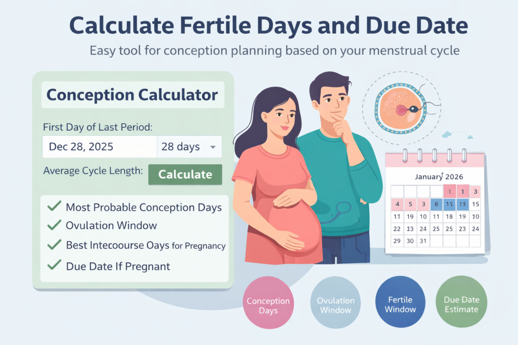 Conception calculator image displaying fertile window, ovulation window, best intercourse days for pregnancy, and due date estimation.