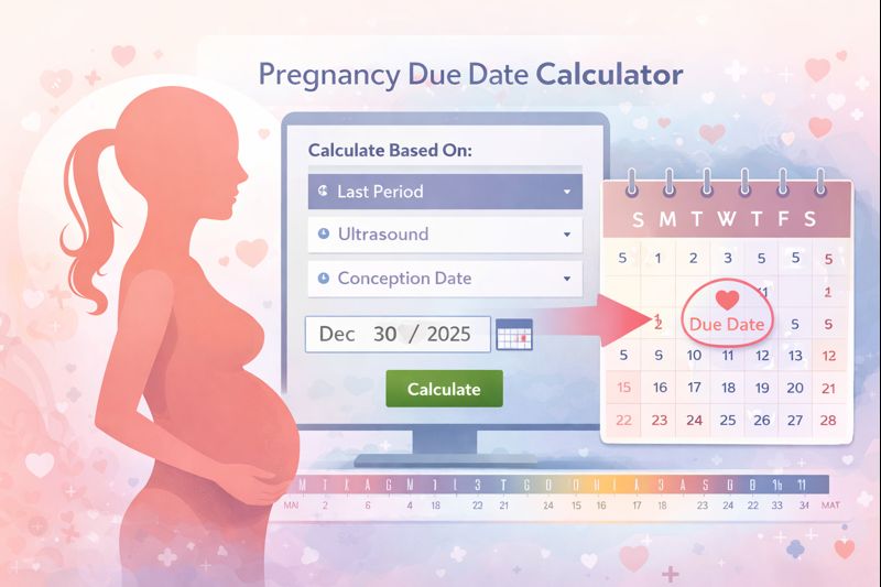 Pregnancy due date calculator illustration showing calculation based on last period, ultrasound, and conception date with a calendar highlighting the estimated due date.