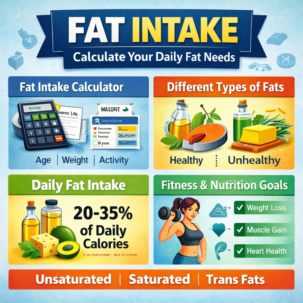 Fat intake calculator infographic showing daily fat intake percentage, healthy and unhealthy fats, types of dietary fats, and fitness nutrition goals for weight loss and muscle gain.