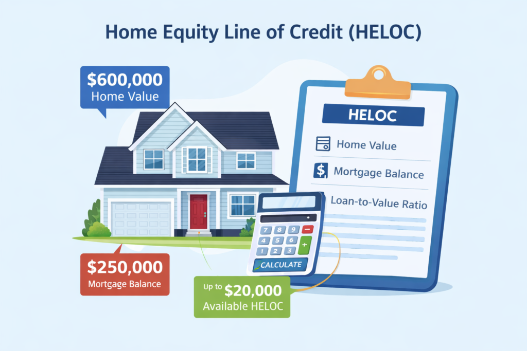 HELOC calculator illustration displaying home value, mortgage balance, and available line of credit.