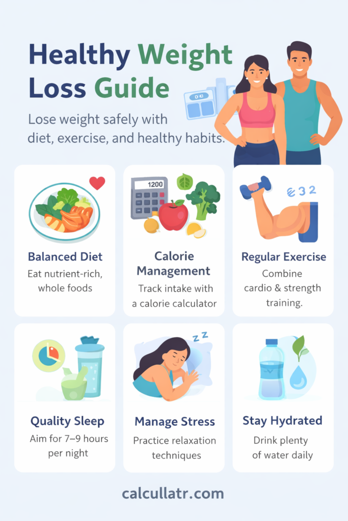 calorie calculator-Healthy weight loss guide showing balanced diet, exercise, hydration, and calorie control