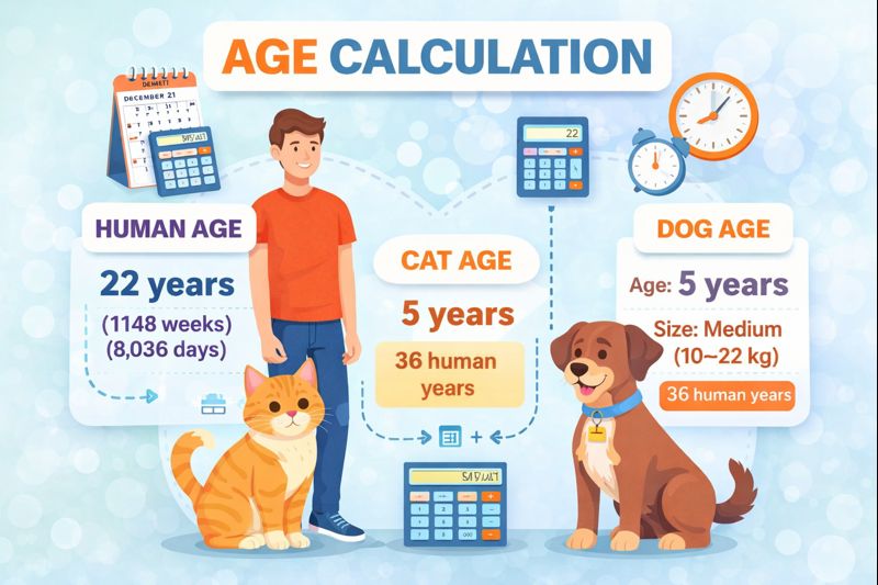 Chronological Age calculator infographic showing human age, cat age, and dog age comparison using calendars and calculators.