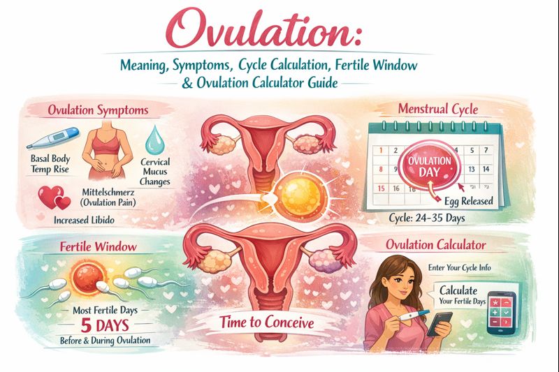 Infographic illustrating ovulation, including ovulation symptoms like basal body temperature rise, cervical mucus changes, ovulation pain, and increased libido. Shows a menstrual cycle calendar highlighting ovulation day, the fertile window of 5 days before and during ovulation, and a visual guide to calculating fertile days using an ovulation calculator.