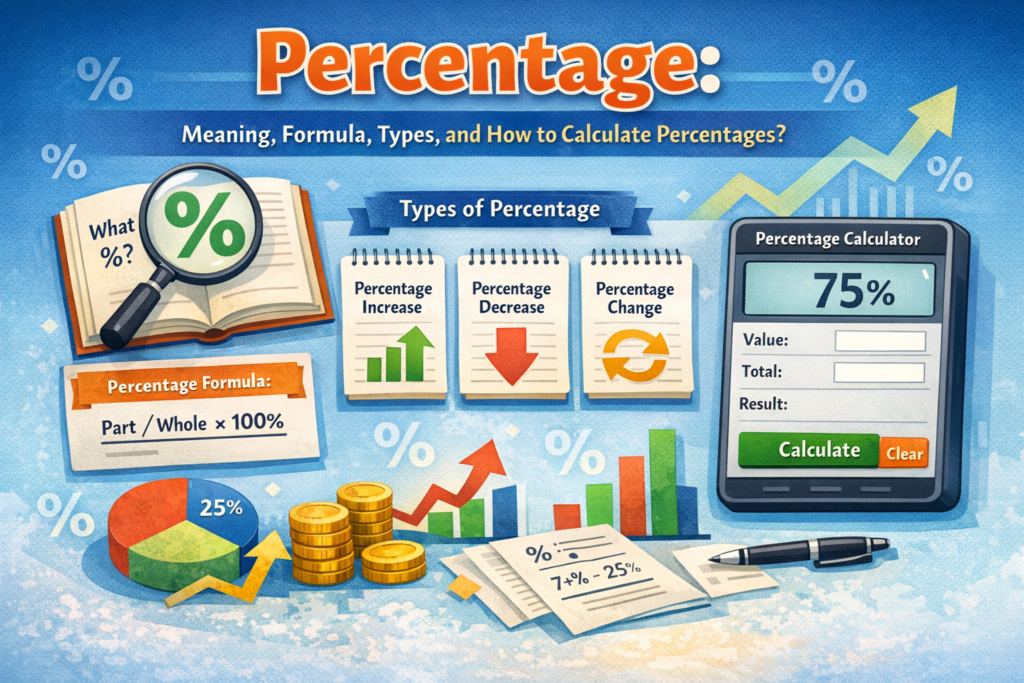 Percentage infographic showing meaning, percentage formula (part divided by whole × 100), types of percentages, pie charts, graphs, and an online percentage calculator used to calculate percentage increase, decrease, and change.