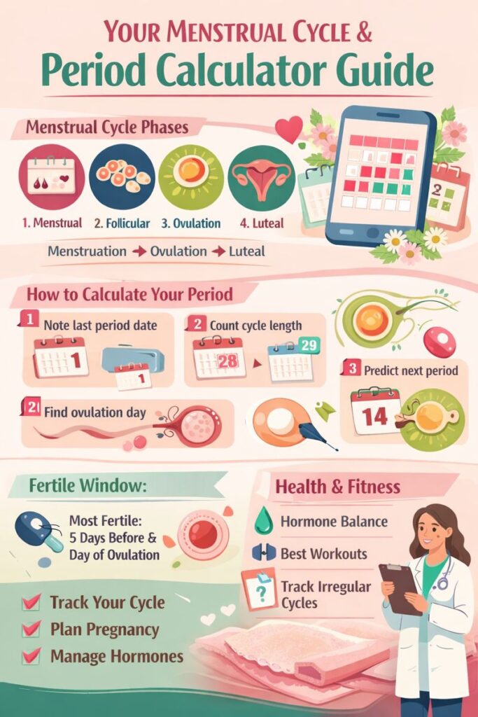 Infographic showing the menstrual cycle phases—menstrual, follicular, ovulation, and luteal—along with a period calculator, fertile window, ovulation timing, and health and fitness tips for tracking periods and hormonal balance.