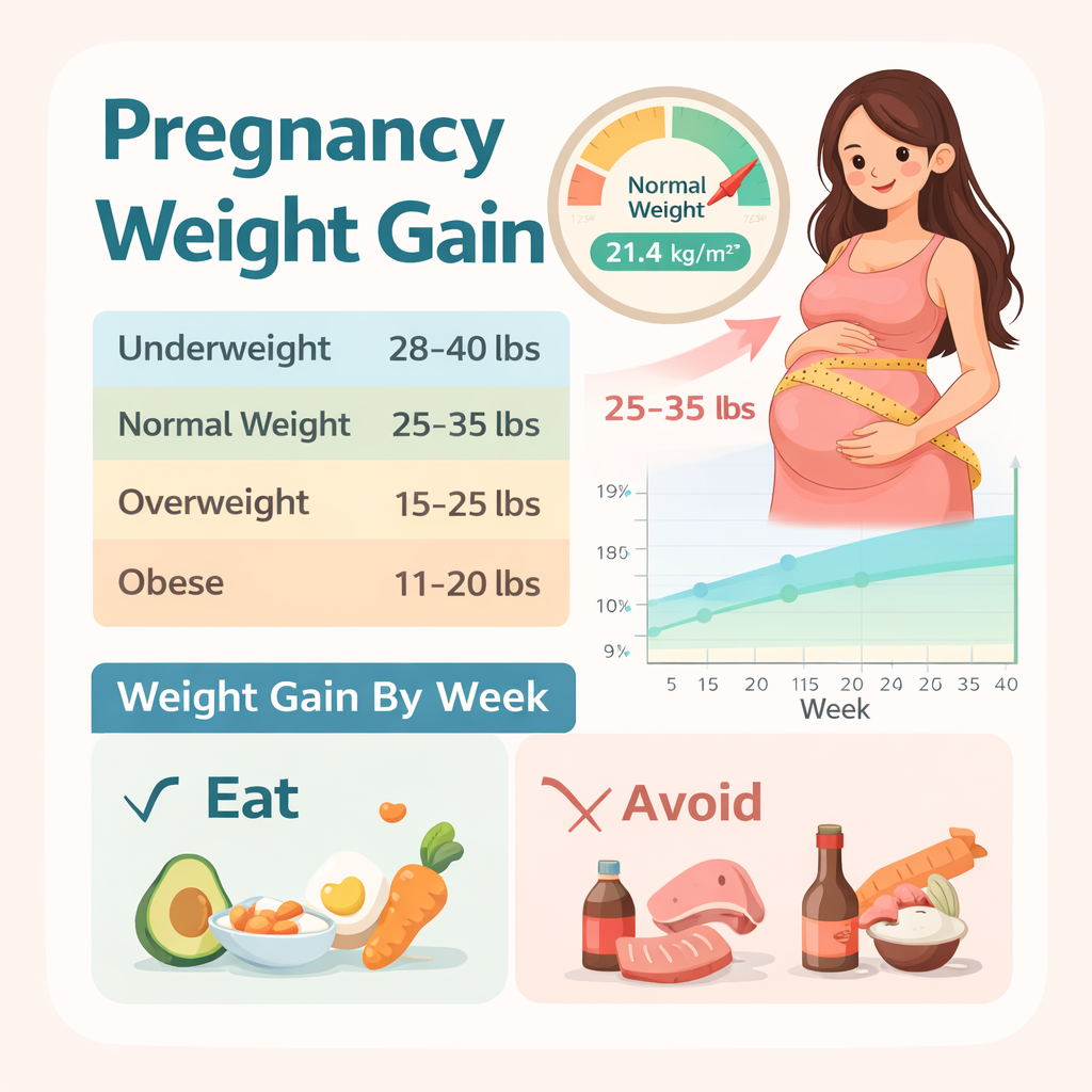Pregnancy weight gain chart showing recommended weight gain by BMI, weekly weight trend, and basic foods to eat and avoid during pregnancy.