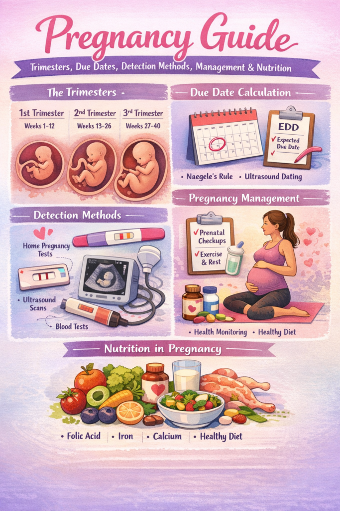 Pregnancy Guide infographic showing trimesters, due date calculation, detection methods, pregnancy management, and nutrition, designed to complement a pregnancy calculator tool.