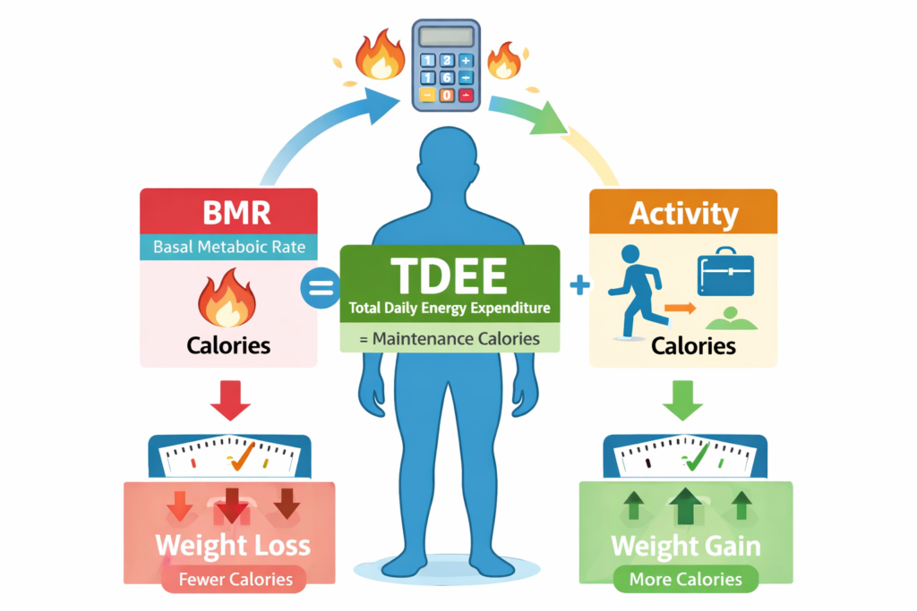 TDEE Calculator infographic showing Total Daily Energy Expenditure, including BMR, activity levels, calorie intake, weight loss, weight gain, nutrition, and fitness goals.