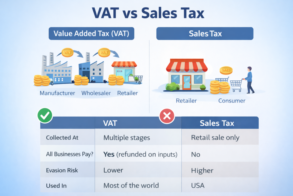 Infographic comparing VAT vs Sales Tax, showing VAT collected at multiple stages from manufacturer to retailer, while sales tax is applied only at the retail level, with key differences in collection, refund system, and usage worldwide.