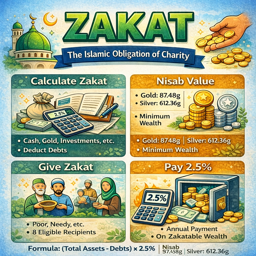 Square infographic explaining Zakat in Islam, showing how to calculate Zakat, Nisab values for gold and silver, eligible recipients, and the 2.5 percent annual payment formula with icons of coins, calculator, and people receiving charity.