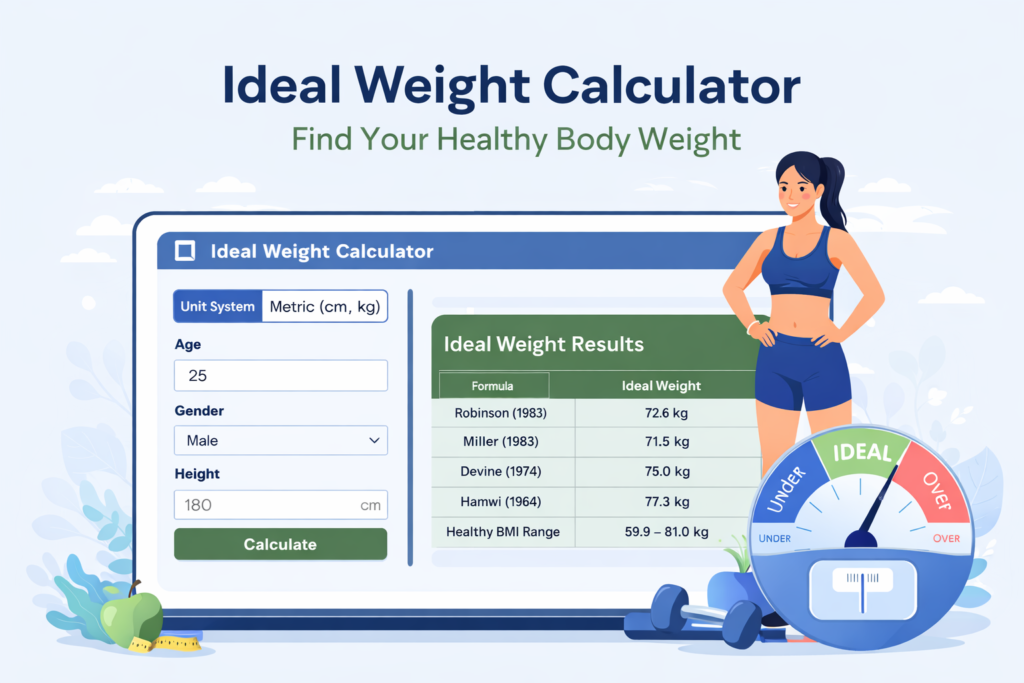 Ideal Body Weight Calculator infographic showing age, gender, and height inputs with a healthy body weight gauge, illustrating how to calculate ideal body weight for better health and fitness goals