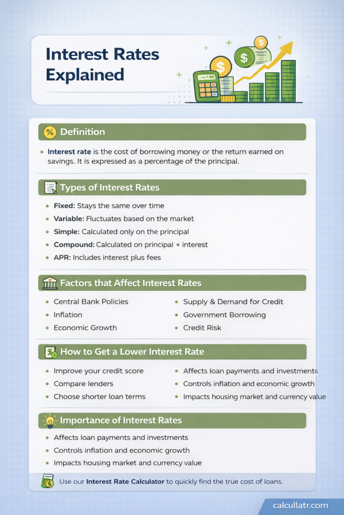 Interest rates explained infographic showing types of interest rates, factors that affect interest rates, and how interest rates impact loans and savings.