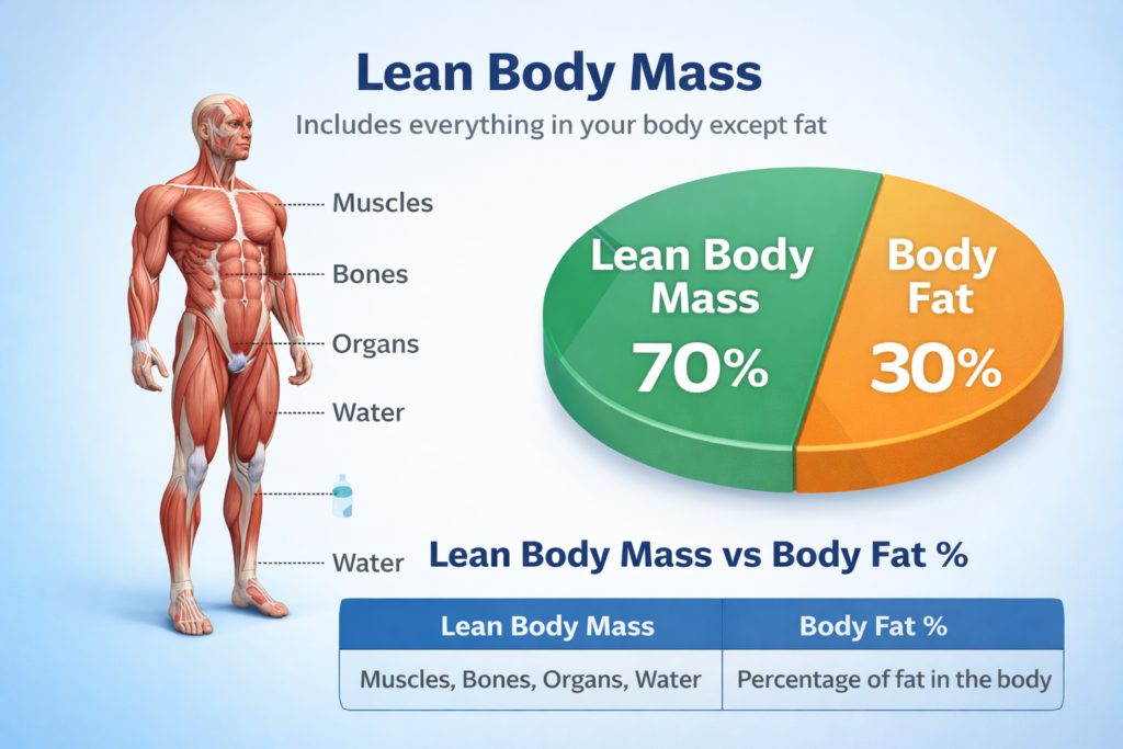  infographic for Lean body mass Calculator showing muscles, bones, organs, and water as components of lean mass, with a comparison chart illustrating lean body mass versus body fat percentage for health and fitness understanding.