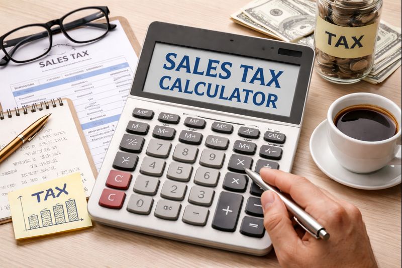Calculator on a desk with tax documents, calculator display showing ‘Sales Tax Calculator,’ coffee cup, coins jar, and U.S. dollar bills for tax calculation concept.