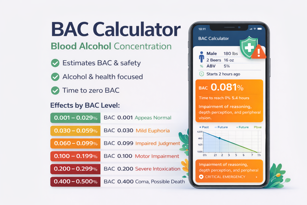 Blood Alcohol Concentration (BAC) calculator infographic showing BAC levels, health effects, and time to zero BAC.