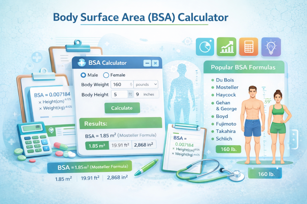 Illustration of a body surface area calculator displaying accurate BSA results based on height and weight using the Mosteller formula and other BSA calculation formulas.