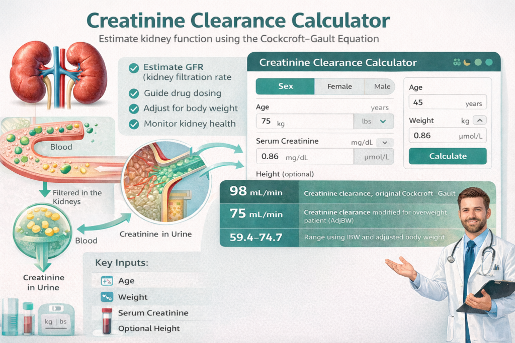 Creatinine clearance calculator illustration showing kidney filtration process, serum creatinine measurement, and estimated creatinine clearance results used to calculate kidney function and guide drug dosing.