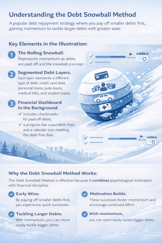 Visual representation of the debt snowball method with multiple debts being paid off step by step