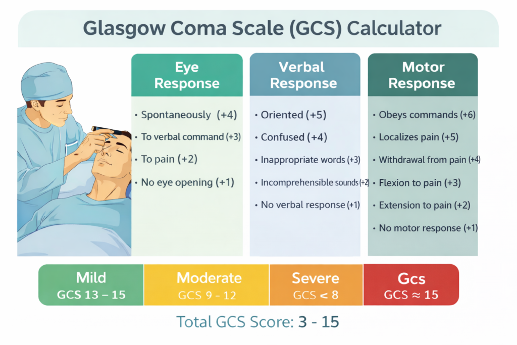 Glasgow Coma Scale (GCS) calculator chart showing eye, verbal, and motor response scoring with total GCS score range from 3 to 15 for clinical assessment of consciousness level.