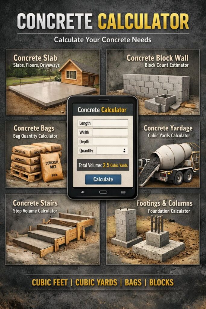 Concrete calculator infographic showing slab, block wall, stairs, footings, concrete bags, and cubic yard volume calculations.