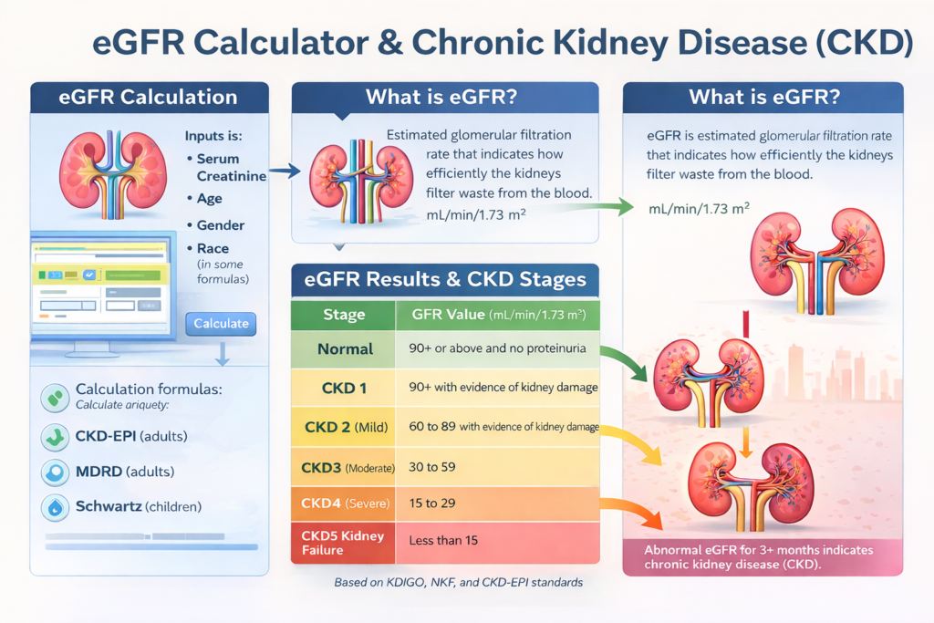 eGFR calculator and chronic kidney disease (CKD) stages infographic showing estimated glomerular filtration rate calculation, kidney function explanation, inputs like serum creatinine, age, gender and race, CKD stages 1–5 with GFR values, and kidney disease progression diagram.